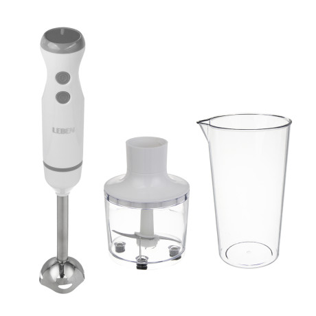 LEBEN Блендер погружной, 900 Вт, 2 скорости, металл.стержень, чоппер и стакан, белый