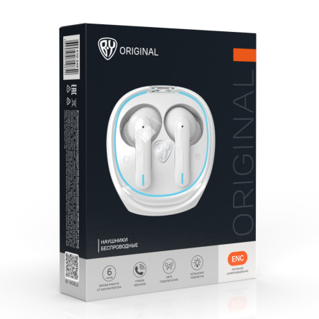 BY Наушники беспроводные с подсветкой TWS Glow, двойной микрофон, 40/400 мАч, BT: 5.1, белый