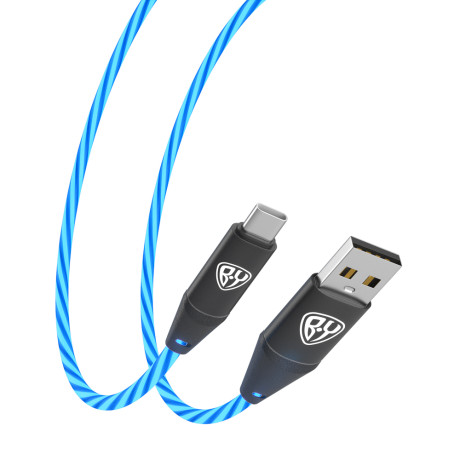 BY Кабель для зарядки Светящийся Type-C, 1,5м, Быстрая зарядка 3А, QC, PD 20W, синяя подсветка