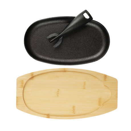 SATOSHI Сковорода на подставке из бамбука чугун, овальная, со съемной ручкой, 24х13.5см, индукция