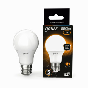 Gauss лампа ЛОН A60 E27 7W(680 lm) 2700K 60х110, пластик/алюм., матовая 102502107