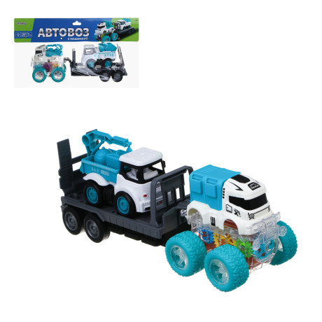 ИГРОЛЕНД Автовоз с машинкой, свет, инерция, 3хLR44, резина, ABS, 34х8,3х20 см, 6 диз