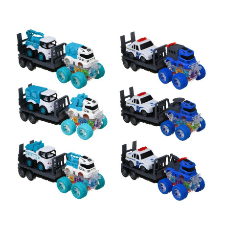 ИГРОЛЕНД Автовоз с машинкой, свет, инерция, 3хLR44, резина, ABS, 34х8,3х20 см, 6 диз