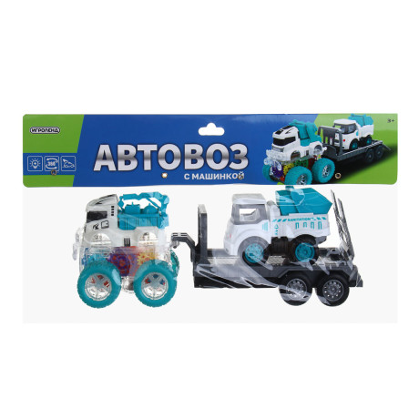 ИГРОЛЕНД Автовоз с машинкой, свет, инерция, 3хLR44, резина, ABS, 34х8,3х20 см, 6 диз