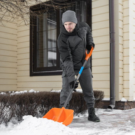 Лопата для уборки снега пластиковая, 400х405х1380 мм, стальной черенок, усиленная Сибртех