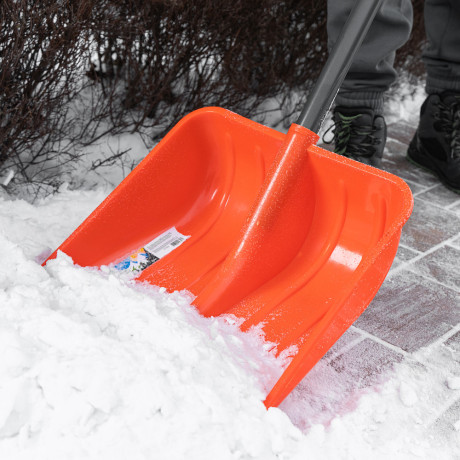 Лопата для уборки снега пластиковая, 400х405х1380 мм, стальной черенок, усиленная Сибртех