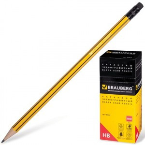Карандаш ч/гр BRAUBERG, 1 шт., НВ, желтый с черными полосами, с резинкой, заточ., 180614