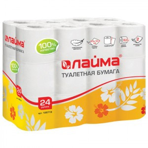 Бумага туалетная бытовая, спайка 24 шт., 2-х слойная (24х18,5 м) Лайма белая, 128719