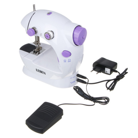 LEBEN Швейная машинка, 6 Вт, полуавтомат, 2 скорости, 4xАА или 220 В, белая, 195х125х200мм