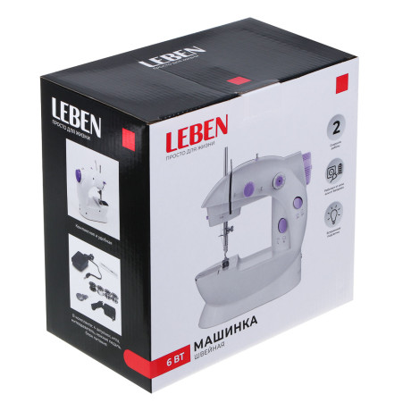 LEBEN Швейная машинка, 6 Вт, полуавтомат, 2 скорости, 4xАА или 220 В, белая, 195х125х200мм