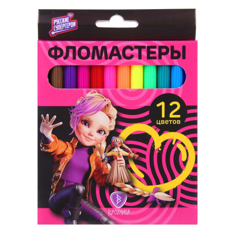 BY Русские Супергерои Фломастеры 12 цветов, смываемые, цветной вентил. колпачок, цветная коробка