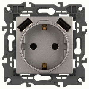 ЭРА Elegance мех. роз. СУ 1мест. 16A+2хUSB 5В-3А  (земля, шторки) титан 14-4109-16 65775