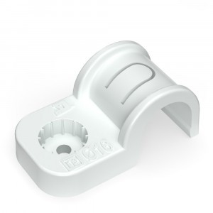 Промрукав скоба пластик. однолапк. ПМ (под монт. пист.) белая в п/э d 16 (уп. 50шт, цена за 1шт) PR1