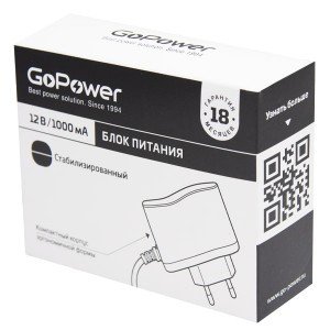 Блок питания GoPower 1A 12V 5,5x2,5/12мм импульсный (1/100)