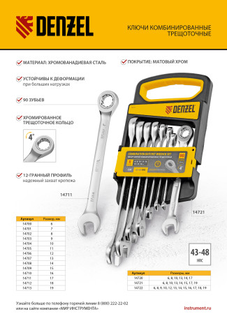 Набор ключей комбинированных трещоточных 6-19 мм, 12 шт., CrV, матовый хром Denzel