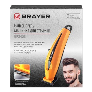 Машинка д/стрижки BRAYER 3405BR, 4 насадки, лезвия-нерж.сталь, батарея 2000мАч