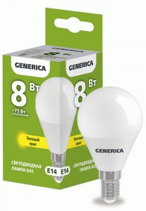 GENERICA лампа св/д шар G45 E14  8W(800lm) 3000K 2K 45x81 матов.  LL-G45-08-230-30-E14-G