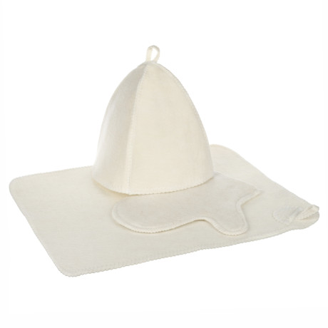 Набор банный 3 пр. (шапка, варежка, коврик) без вышивки, 30% шерсть, 70% полиэфир, 2 цв. белый/серый