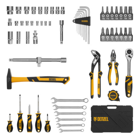 Набор инструментов, 1/2", 1/4", CrV, S2, пластиковый кейс, 64 предмета Denzel