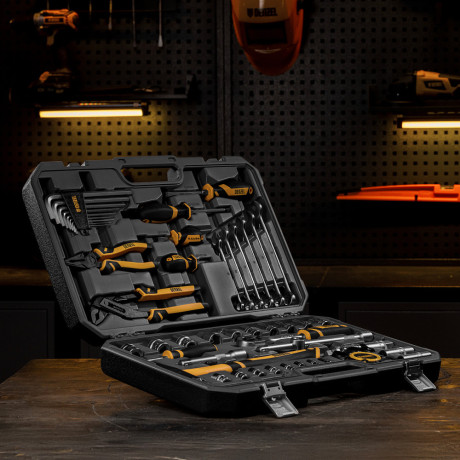 Набор инструментов, 1/2", 1/4", CrV, S2, пластиковый кейс, 64 предмета Denzel