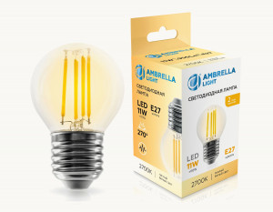 Ambrella лампа св/д шар G45 E27 11W(950lm) 2700K 2K 45х72 филамент (нитевидная) IC 451123