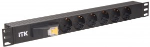 ITK PDU 6 розеток DIN49440 (нем. cтанд.), с автоматом на 10А,1U, без шнура, вх. IEC320 C14, алюминие