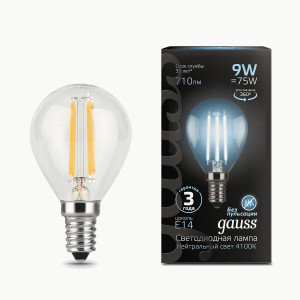 Gauss Filament лампа Шар G45 E14 9W(710lm) 4100K 4K 80x45 филамент (нитевидная), прозр. 105801209