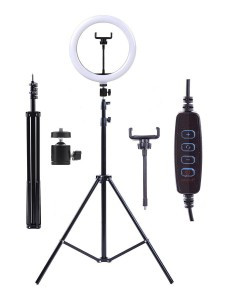 Camelion KD-810F C02 св-к св/д кольцевая лампа 10W(500lm) 3-4-6K, пульт, USB, штатив 260x2000 черн.