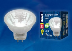 Uniel G4 MR11 12V 3W(200lm 110°) 4000K 4K пластик 35x35 без стекла LED-MR11-3W/NW/GU4 GLZ21TR