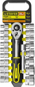 Набор STAYER "STANDARD": Торцовые головки (1/2") на пласт. рельсе, трещотка, 8-32мм, 20 предметов