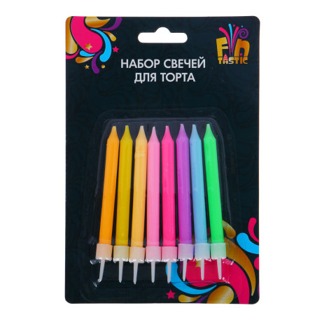 FNtastic Набор свечей для торта 8 шт с подставками, 8 см, неоновый цвет, парафин, пластик