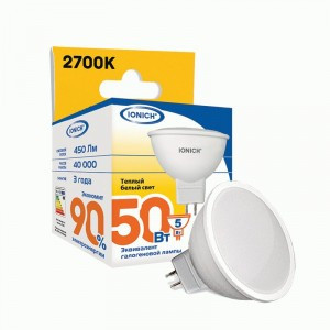 IONICH MR16 GU5.3 220V 5W(450lm) 2700К 2K 50x50 матов./пластик/алюм ILED-SMD2835-JCDR 1606