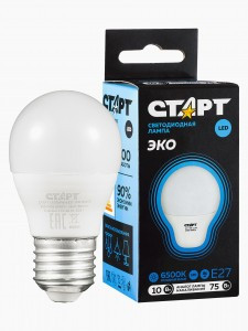 СТАРТ лампа св/д Шар G45 E27 10W(800lm) 6500K 6K 89x47 матов пласт/металл холодный белый WS 17253