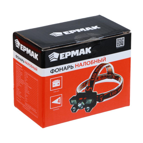 ЕРМАК Фонарь налобный, 6 + 3 LED, 4 режима, 87х50х58мм, 1200мАч, USB кабель, пластик