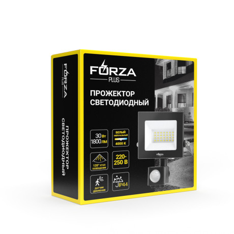 FORZA Прожектор светодиодный с датчиком движения 30Вт, 220-250В, IP44, 1800lm ,4000K, 120°