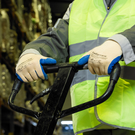 Перчатки трикотажные, полиэфирные, латексное рельефное покрытие, размер 9 Сибртех