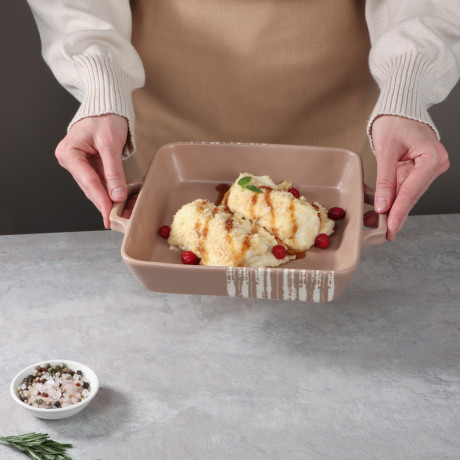 MILLIMI Форма для запекания и сервировки квадрат.с ручками, керамика, 26х21х5см, 1,2л, бежевая