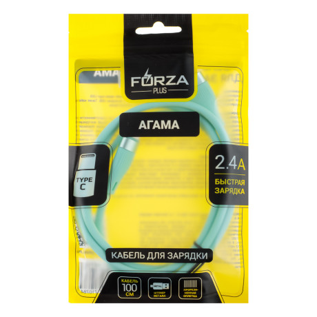 FORZA Кабель для зарядки Агама Type-C, 1м, Быстрая зарядка 2.4А, 12W, прорезиненный, 4 цвета