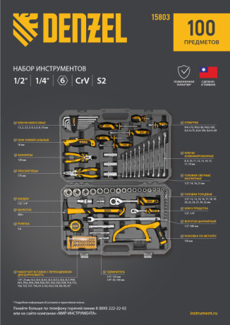 Набор инструментов, 1/2", 1/4", CrV, S2, пластиковый кейс, 100 предметов Denzel