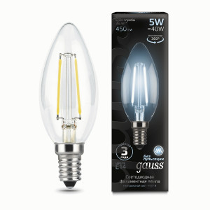 Gauss Filament лампа Свеча E14 5W(450lm) 4100K 4K 97x35 филамент (нитевидная), прозр. 103801205