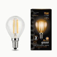 Gauss Filament лампа Шар G45 E14 9W(680lm) 2700K 2K 80x45 филамент (нитевидная), прозр. 105801109