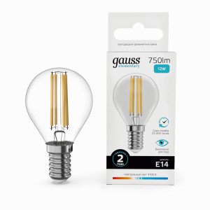 Gauss Elementary Filament Шар Е14 12W(750lm) 4100К 78х45  филамент (нитевидная), прозр 52122