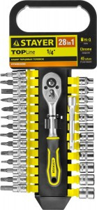 Набор STAYER "STANDARD": Торц. головки, биты-головки(1/4") на пластик рельсе, 4-13мм, 28 пр.