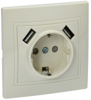 IEK KVARTA роз. СУ 1 мест. USBх2 2,1А 16А (земля) (шторки) РЮш10-1-ККм крем. KV-R14-16-U2-K33