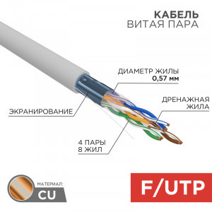 REXANT Кабель витая пара F/UTP, 23AWG, Cat6, INDOOR, SOLID, серый, 305м, цена/бухта 01-0167