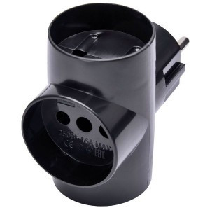 STEKKER разветвитель (тройник) 3роз. 10А черный  (T-образный) IP20 ADP10-15-20 39001