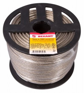 Трос стальной в ПВХ изоляции d=4.0 мм, катушка 100 метров  REXANT, 09-5240