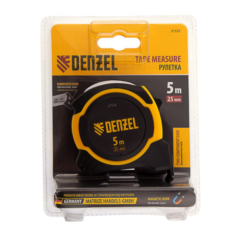 Рулетка 5м х 25мм, двухкомп. корпус, магнитный обрезиненный зацеп Denzel