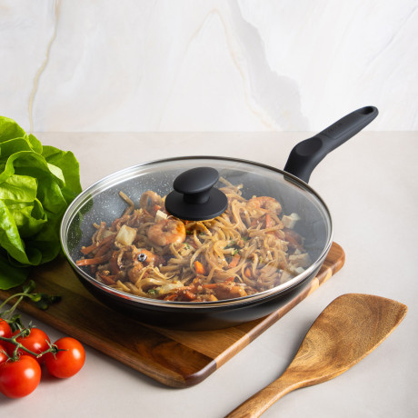 SATOSHI Стоун Сковорода литая с крышкой d28см, антипригарное покрытие мрамор, индукция