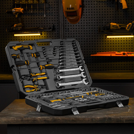 Набор инструментов, 1/2", 1/4", CrV, S2, пластиковый кейс, 122 предмета Denzel